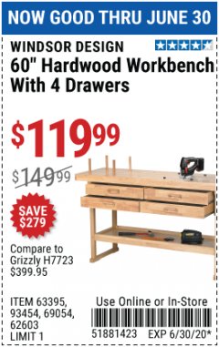 Harbor Freight Coupon 60" HARDWOOD WORKBENCH WITH 4 DRAWERS Lot No. 63395/93454/69054/62603 Expired: 6/30/20 - $119.99