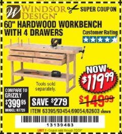 Harbor Freight Coupon 60" HARDWOOD WORKBENCH WITH 4 DRAWERS Lot No. 63395/93454/69054/62603 Expired: 7/2/20 - $119.99