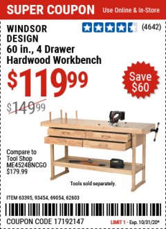 Harbor Freight Coupon 60" HARDWOOD WORKBENCH WITH 4 DRAWERS Lot No. 63395/93454/69054/62603 Expired: 10/31/20 - $119.99