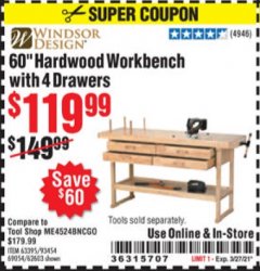 Harbor Freight Coupon 60" HARDWOOD WORKBENCH WITH 4 DRAWERS Lot No. 63395/93454/69054/62603 Expired: 3/27/21 - $119.99