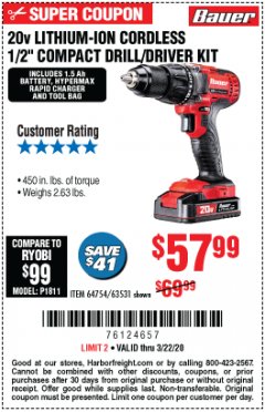Harbor Freight Coupon 20V LITHIUM-ION CORDLESS 1/2" COMPACT DRILL/DRIVER KIT Lot No. 64754/63531 Expired: 3/22/20 - $57.99