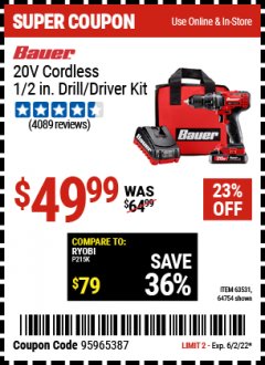 Harbor Freight Coupon 20V LITHIUM-ION CORDLESS 1/2" COMPACT DRILL/DRIVER KIT Lot No. 64754/63531 EXPIRES: 6/2/22 - $49.99