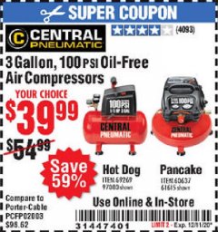 Harbor Freight Coupon 3 GALLON, 100PSI OIL-FREE AIR COMPRESSORS Lot No. 69269/97080/60637/61615/95275 Expired: 12/11/20 - $39.99