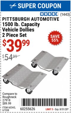 Harbor Freight Coupon 1500 LB. CAPACITY VEHICLE DOLLIES 2 PIECE SET Lot No. 60343/67338 Expired: 8/31/20 - $39.99