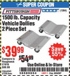 Harbor Freight Coupon 1500 LB. CAPACITY VEHICLE DOLLIES 2 PIECE SET Lot No. 60343/67338 Expired: 9/24/20 - $39.99