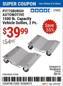 Harbor Freight Coupon 1500 LB. CAPACITY VEHICLE DOLLIES 2 PIECE SET Lot No. 60343/67338 Expired: 12/31/20 - $39.99