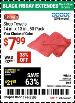 Harbor Freight Coupon 14" X 13" SHOP TOWELS PACK OF 50 Lot No. 63365/64730/56119/63360 Expired: 12/3/23 - $7.99