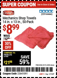 Harbor Freight Coupon 14" X 13" SHOP TOWELS PACK OF 50 Lot No. 63365/64730/56119/63360 Expired: 1/7/24 - $8.99