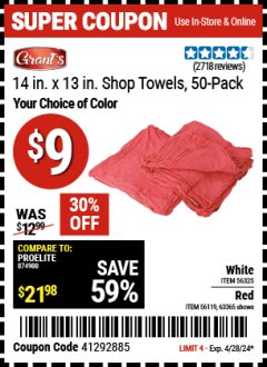 Harbor Freight Coupon 14" X 13" SHOP TOWELS PACK OF 50 Lot No. 63365/64730/56119/63360 EXPIRES: 4/28/24 - $9