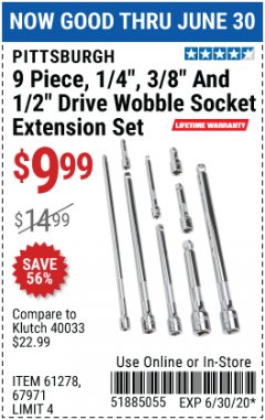 Harbor Freight Coupon 9 PIECE, 1/4", 3/8" AND 1/2" DRIVE WOBBLE SOCKET EXTENSION SET Lot No. 61278/67971 Expired: 6/30/20 - $9.99