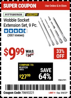 Harbor Freight Coupon 9 PIECE, 1/4", 3/8" AND 1/2" DRIVE WOBBLE SOCKET EXTENSION SET Lot No. 61278/67971 Expired: 5/8/22 - $9.99
