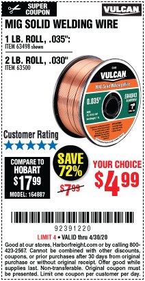 Harbor Freight Coupon VULCAN MIG SOLID WELDING WIRE Lot No. 63498/63500 Expired: 6/30/20 - $4.99