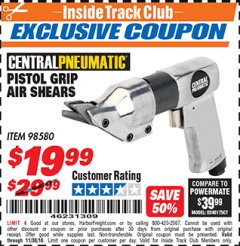 Harbor Freight ITC Coupon PISTOL GRIP AIR SHEARS Lot No. 98580 Expired: 11/30/18 - $19.99