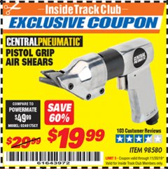 Harbor Freight ITC Coupon PISTOL GRIP AIR SHEARS Lot No. 98580 Expired: 11/30/19 - $19.99