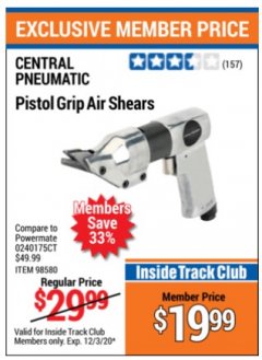 Harbor Freight ITC Coupon PISTOL GRIP AIR SHEARS Lot No. 98580 Expired: 12/3/20 - $19.99