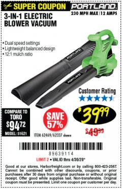 Harbor Freight Coupon 3-IN-1 ELECTRIC BLOWER VACUUM Lot No. 62469/62337 Expired: 6/30/20 - $39.99