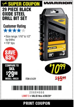 Harbor Freight Coupon WARRIOR 29 PIECE BLACK OXIDE STEEL DRILL BIT SET Lot No. 61639 Expired: 6/30/20 - $10.99
