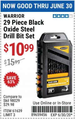 Harbor Freight Coupon WARRIOR 29 PIECE BLACK OXIDE STEEL DRILL BIT SET Lot No. 61639 Expired: 6/30/20 - $10.99