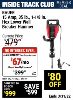 Harbor Freight ITC Coupon BAUER 15 AMP DEMOLITION HAMMER KIT Lot No. 64276/64277 Expired: 3/31/22 - $399.99