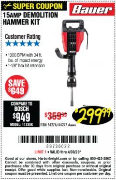 Harbor Freight Coupon BAUER 15 AMP DEMOLITION HAMMER KIT Lot No. 64276/64277 Expired: 6/30/20 - $299.99