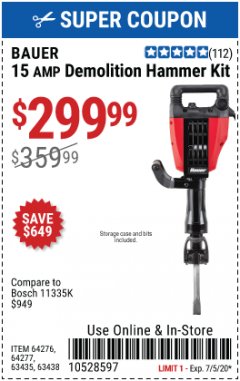 Harbor Freight Coupon BAUER 15 AMP DEMOLITION HAMMER KIT Lot No. 64276/64277 Expired: 7/5/20 - $299.99