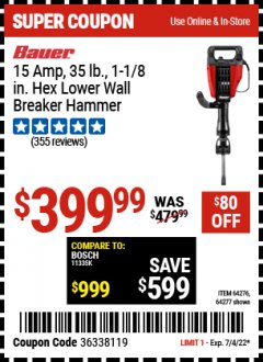 Harbor Freight Coupon BAUER 15 AMP DEMOLITION HAMMER KIT Lot No. 64276/64277 Expired: 7/4/22 - $399.99