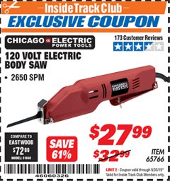 Harbor Freight ITC Coupon 120 VOLT ELECTRIC BODY SAW Lot No. 65766 Expired: 9/30/19 - $27.99