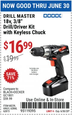 Harbor Freight Coupon 18V, 3/8" CORDLESS DRILL/DRIVER KIT WITH KEYLESS CHUCK Lot No. 68239/69651/62868/62873 Expired: 6/30/20 - $16.99