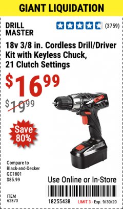 Harbor Freight Coupon 18V, 3/8" CORDLESS DRILL/DRIVER KIT WITH KEYLESS CHUCK Lot No. 68239/69651/62868/62873 Expired: 9/30/20 - $16.99