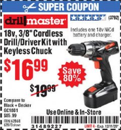 Harbor Freight Coupon 18V, 3/8" CORDLESS DRILL/DRIVER KIT WITH KEYLESS CHUCK Lot No. 68239/69651/62868/62873 Expired: 12/11/20 - $16.99