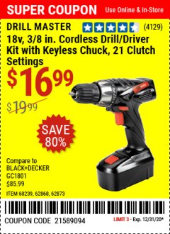 Harbor Freight Coupon 18V, 3/8" CORDLESS DRILL/DRIVER KIT WITH KEYLESS CHUCK Lot No. 68239/69651/62868/62873 Expired: 12/31/20 - $16.99