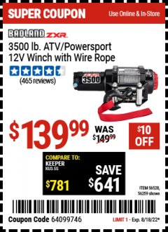 Harbor Freight Coupon 3500 LB. ATV/POWERSPORT 12V WINCH WITH AUTOMATIC LOAD-HOLDING BRAKE Lot No. 56528/56259 Expired: 8/18/22 - $139.99