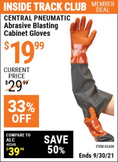 Harbor Freight ITC Coupon CENTRAL PNEUMATIC ABRASIVE BLASTING CABINET GLOVES Lot No. 62436 Expired: 9/30/21 - $19.99