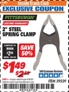 Harbor Freight ITC Coupon 2" STEEL SPRING CLAMP Lot No. 39529 Expired: 4/30/20 - $1.49