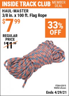 Harbor Freight ITC Coupon 3/8" X 100 FT. FLAG ROPE Lot No. 62815/96854 Expired: 4/29/21 - $7.99