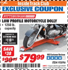 Harbor Freight ITC Coupon LOW PROFILE MOTORCYCLE DOLLY Lot No. 95896 Expired: 4/30/20 - $79.99