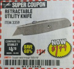 Harbor Freight Coupon UTILITY KNIFE Lot No. 3359 Expired: 10/31/18 - $1.49
