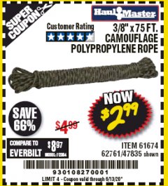 Harbor Freight Coupon 3/8" X 75FT. CAMOUFLAGE POLYPROPYLENE ROPE Lot No. 61674/62761/47835 Expired: 6/30/20 - $2.99