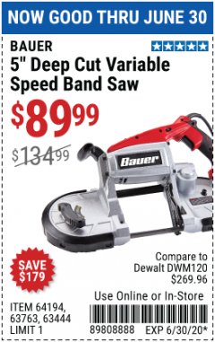 Harbor Freight Coupon 5" DEEP CUT VARIABLE SPEED BAND SAW Lot No. 64194/63763/63444 Expired: 6/30/20 - $89.99