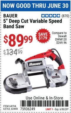 Harbor Freight Coupon 5" DEEP CUT VARIABLE SPEED BAND SAW Lot No. 64194/63763/63444 Expired: 6/30/20 - $89.99