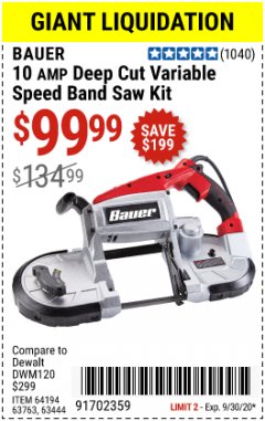 Harbor Freight Coupon 5" DEEP CUT VARIABLE SPEED BAND SAW Lot No. 64194/63763/63444 Expired: 9/30/20 - $99.99
