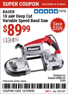 Harbor Freight Coupon 5" DEEP CUT VARIABLE SPEED BAND SAW Lot No. 64194/63763/63444 Expired: 10/31/20 - $89.99