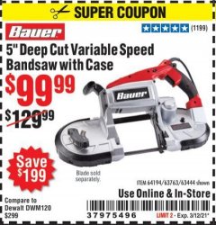 Harbor Freight Coupon 5" DEEP CUT VARIABLE SPEED BAND SAW Lot No. 64194/63763/63444 Expired: 3/12/21 - $99.99