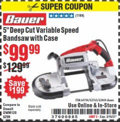 Harbor Freight Coupon 5" DEEP CUT VARIABLE SPEED BAND SAW Lot No. 64194/63763/63444 Expired: 3/16/21 - $99.99