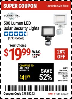 Harbor Freight Coupon 500 LUMEN LED SOLAR SECURITY LIGHTS Lot No. 56408/64759/56213/64737 Expired: 4/24/22 - $19.99