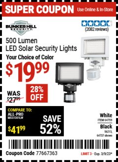 Harbor Freight Coupon 500 LUMEN LED SOLAR SECURITY LIGHTS Lot No. 56408/64759/56213/64737 Expired: 3/9/23 - $19.99