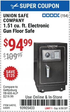 Harbor Freight Coupon 1.51 CUBIC FT. ELECTRONIC GUN FLOOR SAFE Lot No. 64010/64009 Expired: 6/30/20 - $94.99