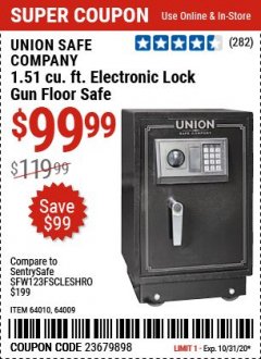Harbor Freight Coupon 1.51 CUBIC FT. ELECTRONIC GUN FLOOR SAFE Lot No. 64010/64009 Expired: 10/31/20 - $99.99