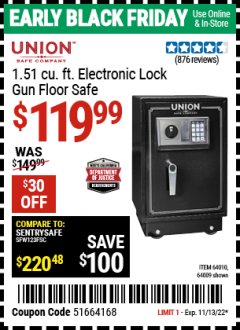 Harbor Freight Coupon 1.51 CUBIC FT. ELECTRONIC GUN FLOOR SAFE Lot No. 64010/64009 Expired: 11/13/22 - $119.99