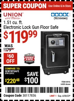 Harbor Freight Coupon 1.51 CUBIC FT. ELECTRONIC GUN FLOOR SAFE Lot No. 64010/64009 Expired: 4/30/23 - $119.99